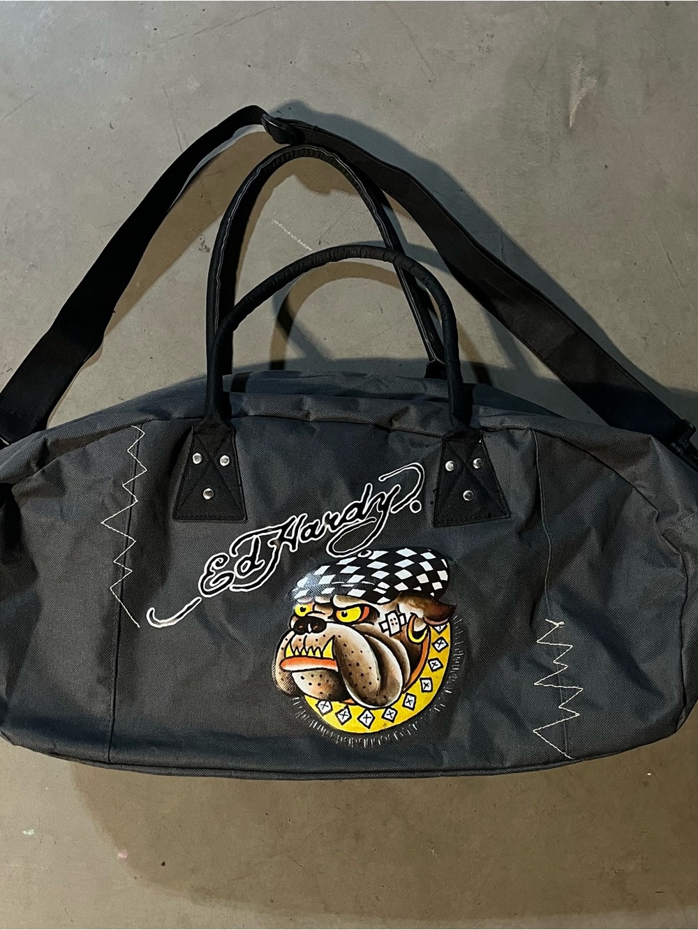 Ed Hardy Graphic Bulldog Love Kills Slowly Gray Canvas Duffel Bag